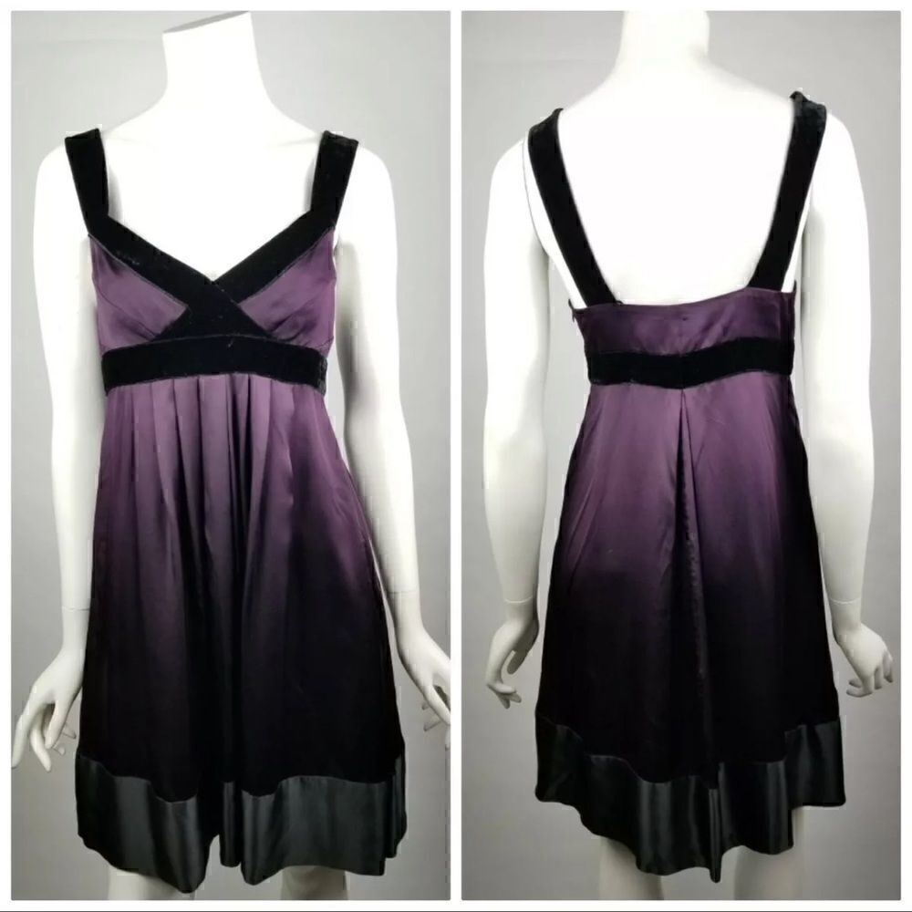 Banana Republic Petites Size 4P Purple w/ Black Velvet Trim Empire Waist Dress